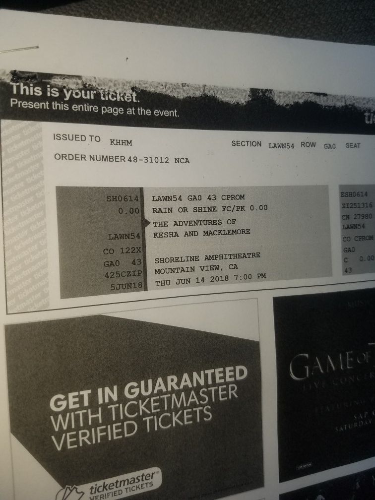 2 tickets to Kesha and Macklemore tonight $25 obo