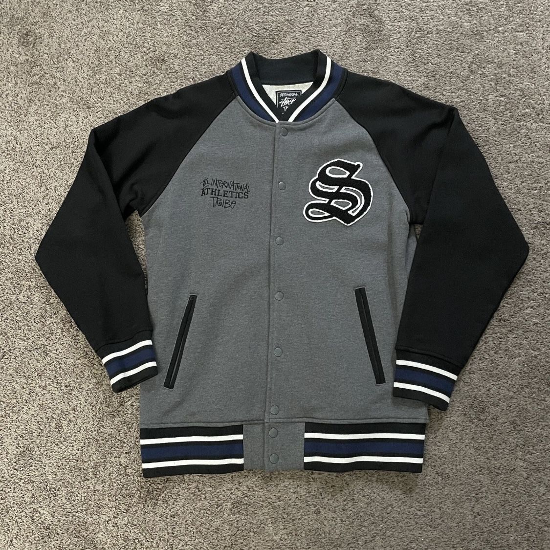 Stussy Letterman Jacket Black / Grey Mens Sz L
