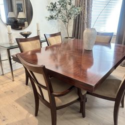`Dark Wood Dining Table Set w/ 6 Upholstered Chairs