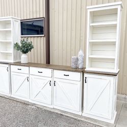 Custom TV Stand Cabinet Entertainment Center TV Lift Modern Rustic Farm House Barn Doors Console Handmade Restorations hardware Insp. Bookshelves 