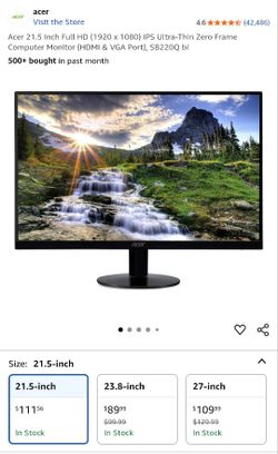 LIKE NEW Acer 21.5 Inch Full HD (1920 x 1080) IPS Ultra-Thin Zero Frame Computer Monitor (HDMI & VGA Port), SB220Q bi