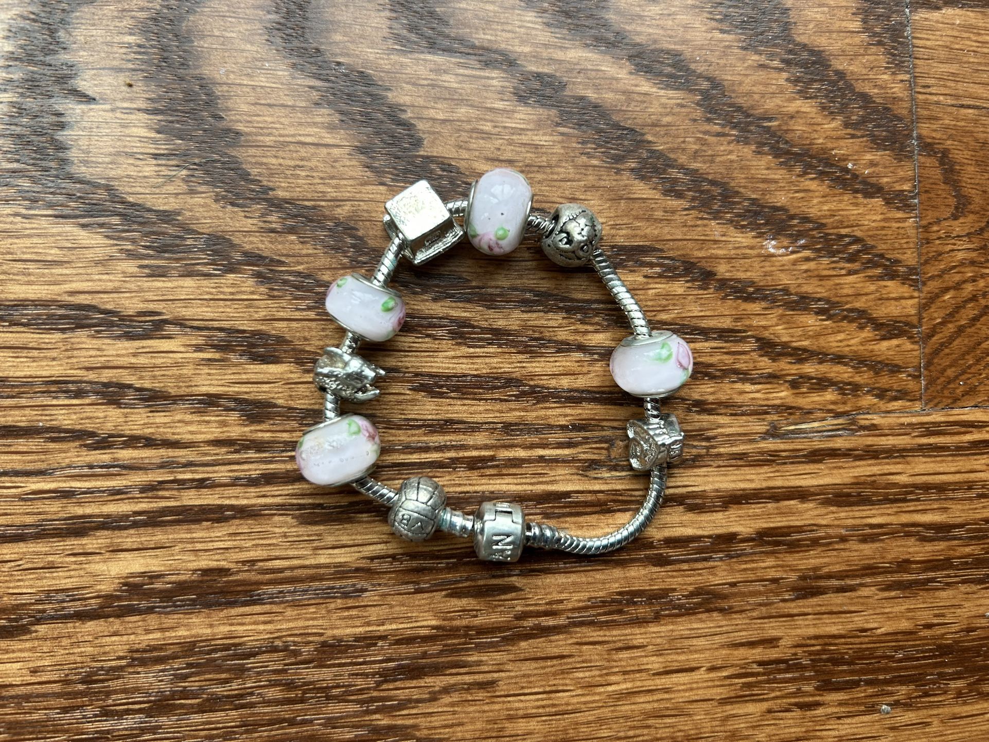 Pandora, Silver Bracelet In Pink With Heart Volleyball, And More Charms