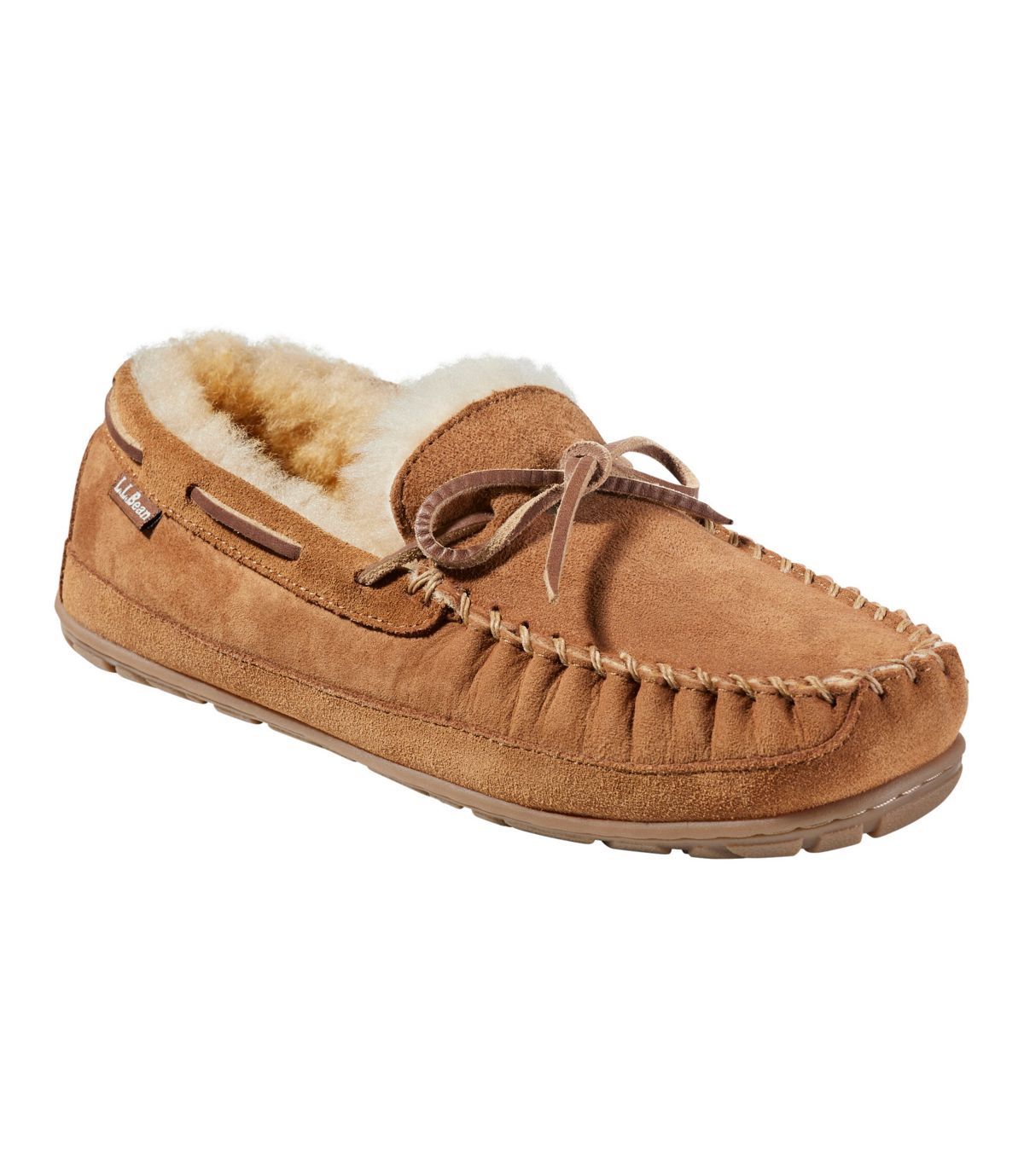 L.L.BEAN Mens Tan Brown Suede Wicked Good Lace Up Cozy Shearling Lined Moccasins