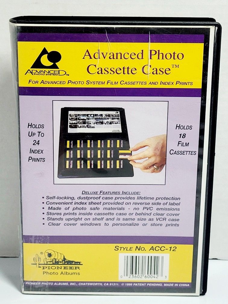Advanced Photo Cassette Case Hard Shell Film Case Holds 18 Film 24 Index Prints Case Spine Damage. See Pics. The image displays a Pioneer Advanced Pho