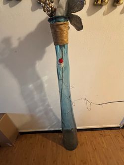 Tall Blue Glass Floor Vase with Rope Accent