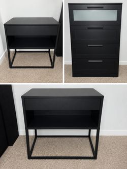 Black Bedroom Set: Wingback Bed Frame, 2 Nightstands, and 4-Drawer Chest