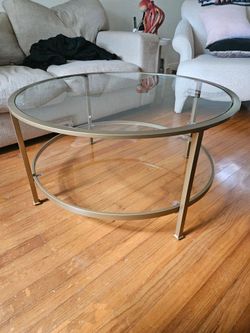 36" brass round glass top coffee table