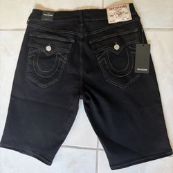 True Religion Ricky Relaxed Straight Black Denim Jean Shorts Contrast Stitching