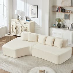 White Boucle Modular Sectional Sofa with Pillows