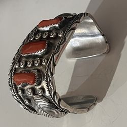 Vintage Native American Sterling Silver Red Coral Cuff Bracelet