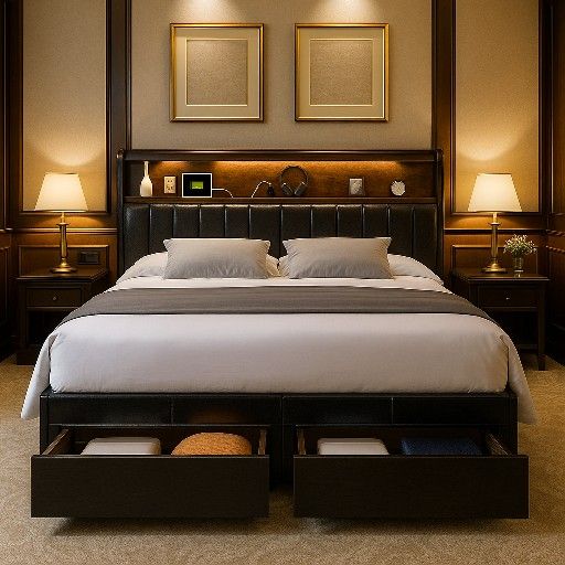 King Bed Frame with Headboard, Upholstered Platform Bed Frame with Charging Station & 2 Storage Drawers, Sturdy Wooden Slats Support, No Box Spri