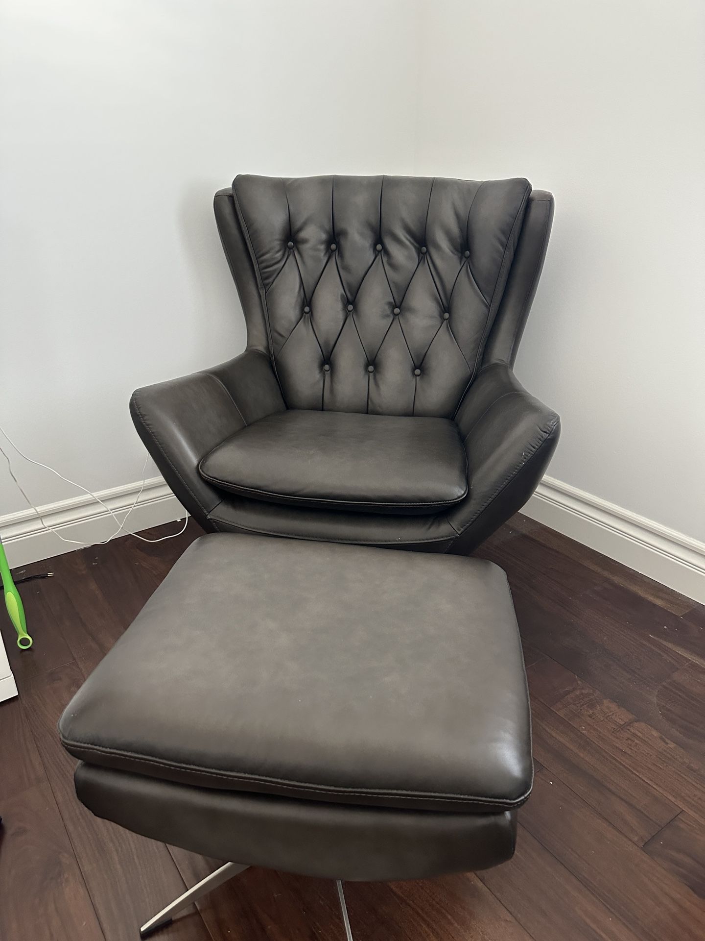 Pottery Barn Wells Leather Swivel Chair + Ottoman
