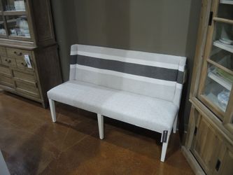 Universal Miller Peyton Banquette - Light Oatmeal Linen With Gray And White Striped Back, White Painted Legs | Ottoman | Footstool