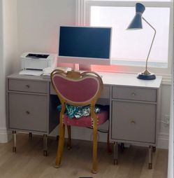 Modern Gray Desk with Lucite and Brass Legs