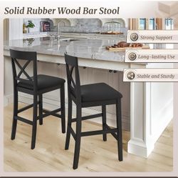 Set of 2,Black/Height Bar Stools with Classical X-Shaped Back, Solid Barstools with Rubber Wood Frames and Faux Leather Seat