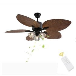 52 in. Indoor Black Modern Ceiling Fan with 5 Brown Tropical Palm Leaf Shaped Blades - New