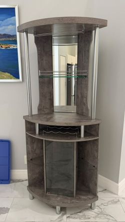 WAYFAIR CORNER BAR CABINET WITH MIRROR, GLASS STORAGE & WINE RACK