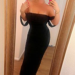 Long Black Mesh Off Shoulder Dress 