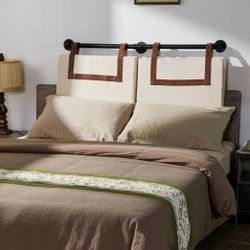 Wall Mounted Headboard For Twin Bed
Linen Upholstered With Brown Faux Leather Straps and Black Iron.
Measures 
47.2 X 21.7 X 2.8 Inches