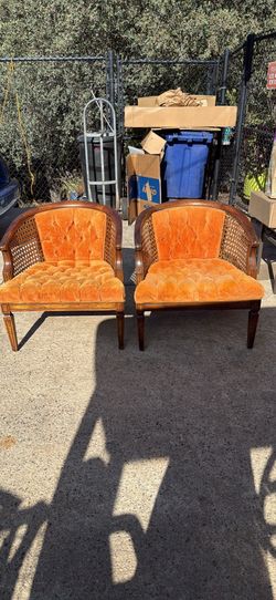 Pair of Vintage Cane and Orange Velvet Barrel Chairs