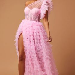 New Pink Dress- MACIE RUFFLE GOWN - PINK Large