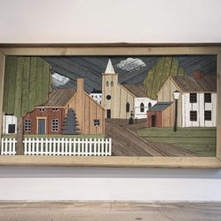  THEODORE DEGROOT LARGE WOODEN LATH ART WALL WOODEN TOWN FOLK ART GREAT PIECE