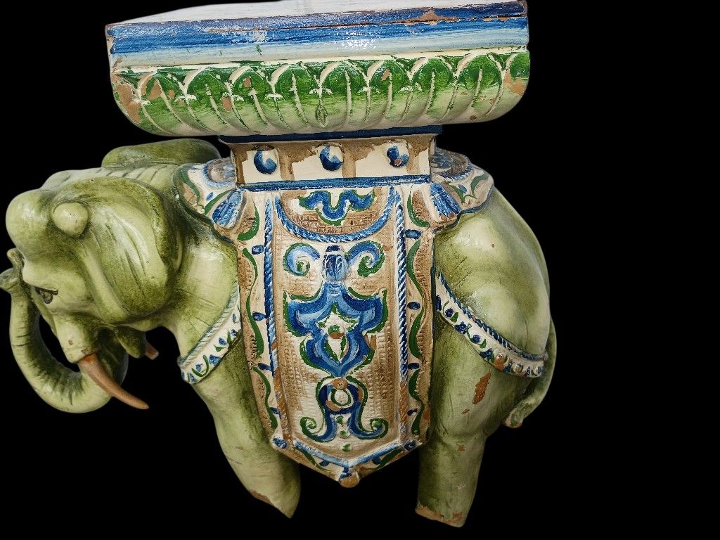 RARE Vtg Ceramic Elephant Garden Seat Stand $795- Hand-Painted Chinoiserie Stool