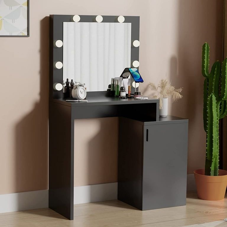 Cozy Castle Black Vanity Desk with Charging Station, Makeup Vanity Desk with Mirror and Lights, Vanity Table for Bedroom, Living Room