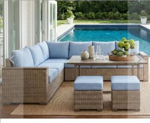 5-Piece Outdoor Wicker Sectional Set With blue  Cushions