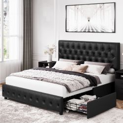 *Brand New* Leather Storage Platform Bed Frame with 4 Drawers, Queen Black 
