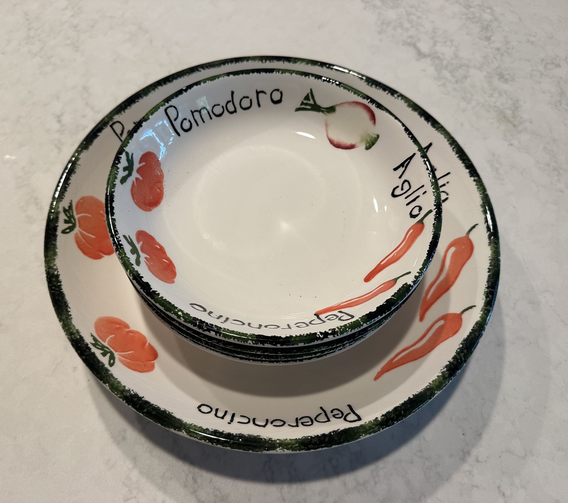 Pier 1 Pomodoro Italy Hand Painted Earthenware Pasta Bowl Serving Dish Set