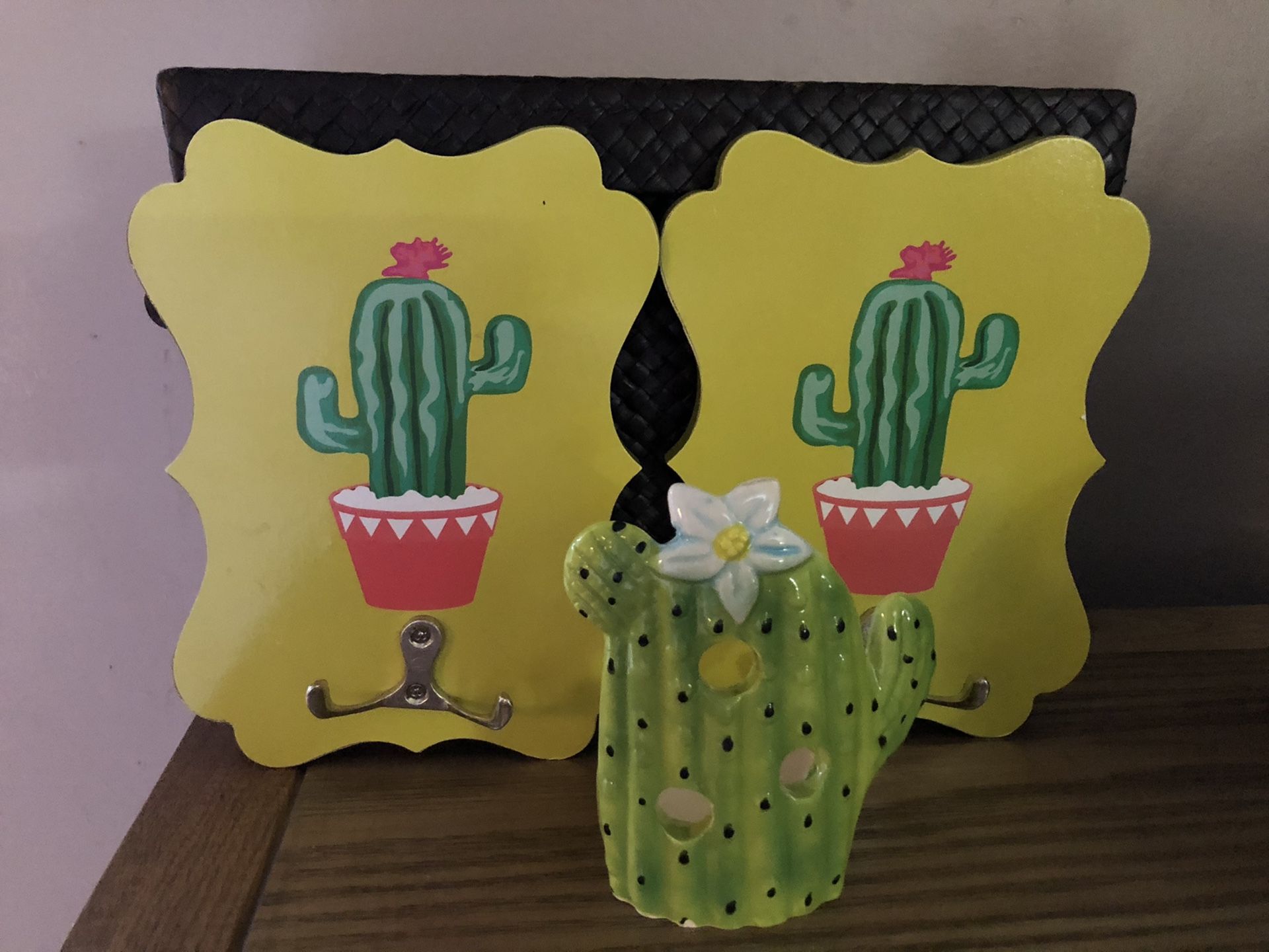 2 Cactus Double Wall Hooks & Ceramic Votive Candle Holder