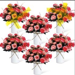Domensi 4 Sets Wedding Centerpiece For Table Artificial Rose With Vase Fake Bouquets And Metal Pot Floral Arrangements For Mother's Day Holiday Party 