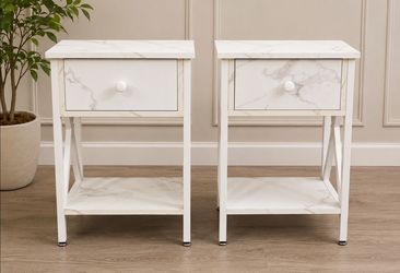 Set of 2 White Marble-Look Nightstands with Drawer