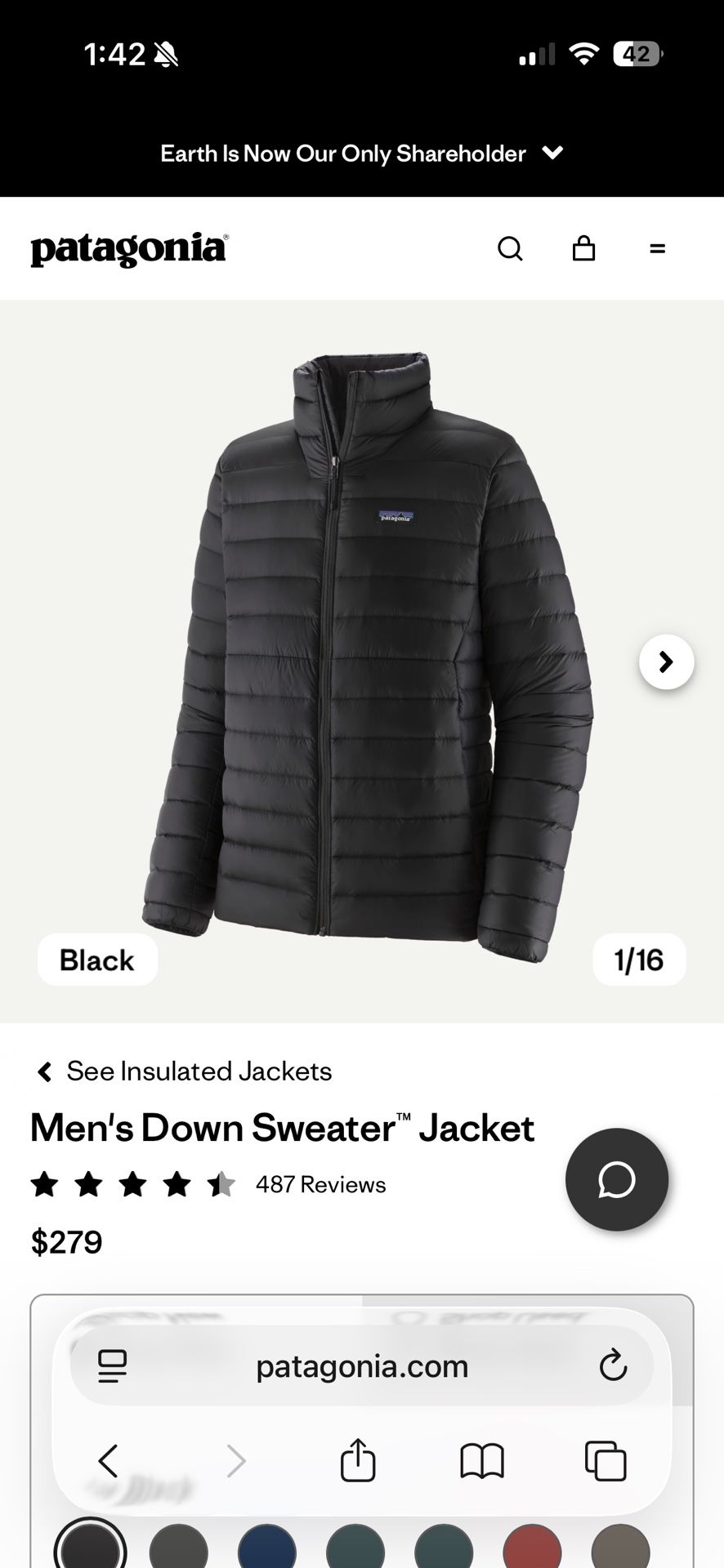Patagonia Down Sweater Jacket – Midnight Black (Men’s XL)