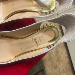 White Mid Heel Gold Spike Sling Back Christian Louboutin 