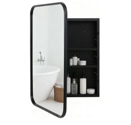 Brushed Metal Medicine Cabinet, Rounded Rectangle Bathroom Mirror with Storage, 2 Adjustable Shelves, Recessed or Surface Mount Mounting, Reversible D
