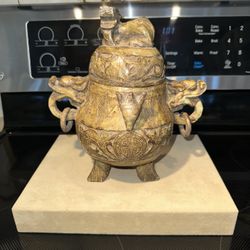 Chinese Carved Agate Incense Burner with Dragon Head Handles with Rings, Tripod Feet, 9"h x 8"w