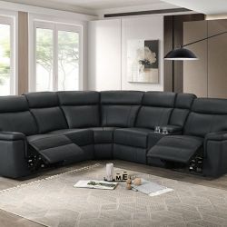 Brand New Black Leather Match  Power Reclining Sectional Sofa