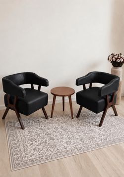 Set of 2 Faux Leather Barrel Accent Chairs with Solid Wood Frame Mid-Century Modern, Wraparound Back, Living Room, Office