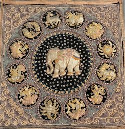 Vintage Thai Hand-Embroidered Zodiac & Elephant Wall Hanging Tapestry