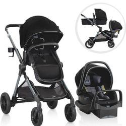 Evenflo Pivot Xpand Modular Travel System with LiteMax Infant Car Seat with Anti-Rebound Bar (Sabino Gray). Just open box. New.