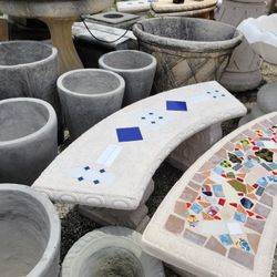 Concrete Mosaic Tile Inlay Curved Benches / Cement Garden Patio Bench / Outdoor Patio Furniture