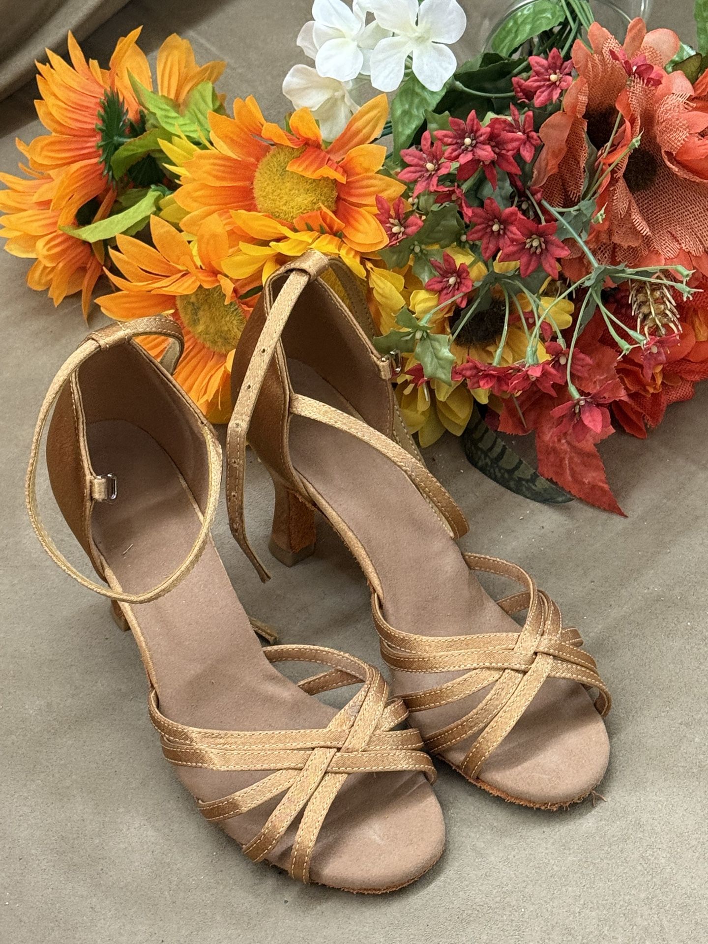 Tan Strappy Open Toe Heels