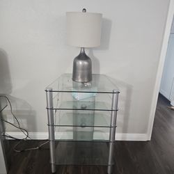 Tv Table, Glass Shelves, Golden Lamp, Rustic Gold Lamp