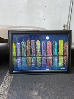 Framed City Skyline Night Oil Painting