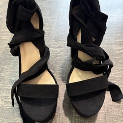 Black Block Lace Up Heels