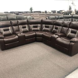 New Reclining Sectional . Brown Gel Leatherette . 106” X 106”. Free Delivery !