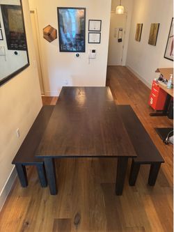 Crate & Barrel Basque Solid Wood Dining Table + 2 Benches