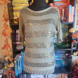 Chico's Women’s Sz 0 (Sm) Metallic Gold 3/4 Sleeve Knit Sweater